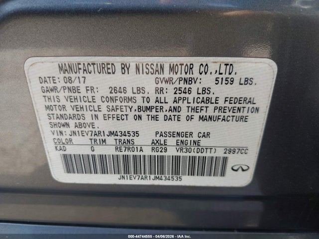44744555 :رقم المزاد ، JN1EV7AR1JM434535 vin ، 2018 Infiniti Q50 3.0t Sport مزاد بيع