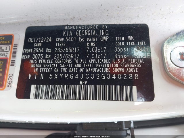 2025 Kia Sorento Lx მანქანა იყიდება აუქციონზე, vin: 5XYRG4JC3SG340288, აუქციონის ნომერი: 44744566