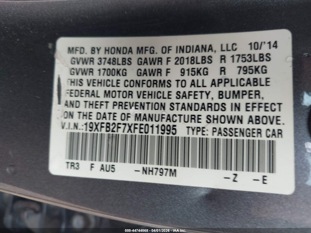 2015 Honda Civic Se მანქანა იყიდება აუქციონზე, vin: 19XFB2F7XFE011995, აუქციონის ნომერი: 44744568