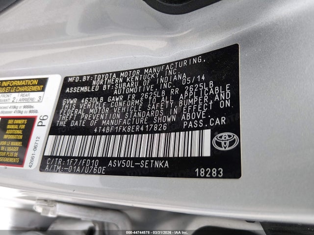 4T4BF1FK8ER417826 Toyota CAMRY LE