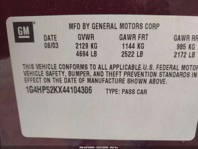 Продажа на аукционе авто 2004 Buick Lesabre Custom, vin: 1G4HP52KX44104306, номер лота: 44744588