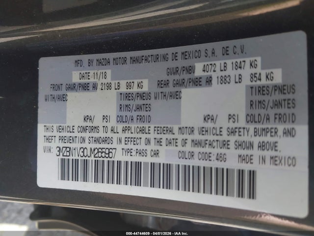Продаж на аукціоні авто 2018 Mazda Mazda3 Touring, vin: 3MZBN1V30JM265967, номер лоту: 44744609