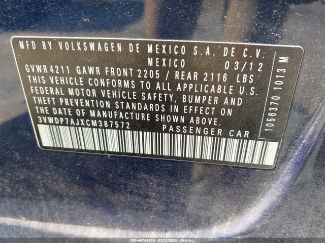 Aukcja sprzedaży 2012 Volkswagen Jetta 2.5l Se, vin: 3VWDP7AJXCM387572, numer aukcji: 44744616