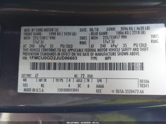 Aukcja sprzedaży 2018 Ford Escape Se, vin: 1FMCU0GD2JUD06603, numer aukcji: 44744622