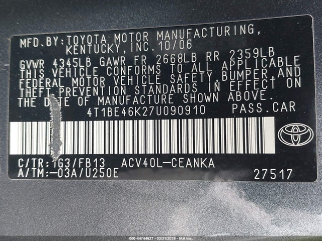 Продажа на аукционе авто 2007 Toyota Camry Le, vin: 4T1BE46K27U090910, номер лота: 44744627