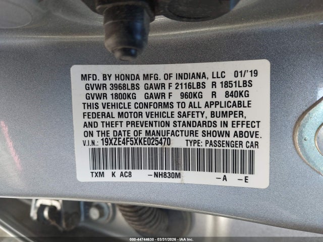 Aukcja sprzedaży 2019 Honda Insight Ex, vin: 19XZE4F5XKE025470, numer aukcji: 44744630