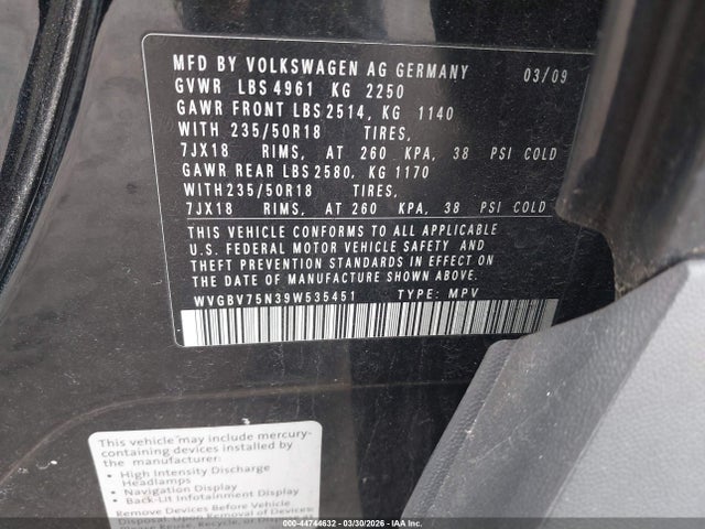 Продажа на аукционе авто 2009 Volkswagen Tiguan Sel, vin: WVGBV75N39W535451, номер лота: 44744632