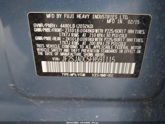 2015 Subaru Forester 2.5i Premium მანქანა იყიდება აუქციონზე, vin: JF2SJADC5FH591115, აუქციონის ნომერი: 44744642