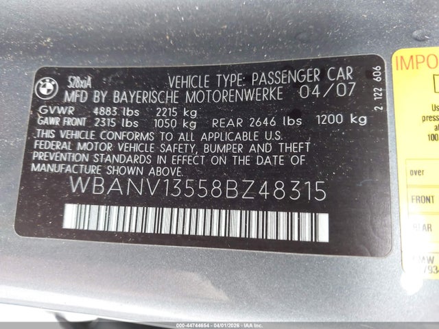 Продажа на аукционе авто 2008 Bmw 528xi, vin: WBANV13558BZ48315, номер лота: 44744654