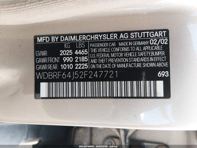 44744665 :رقم المزاد ، WDBRF64J52F247721 vin ، 2002 Mercedes-benz C 320 مزاد بيع