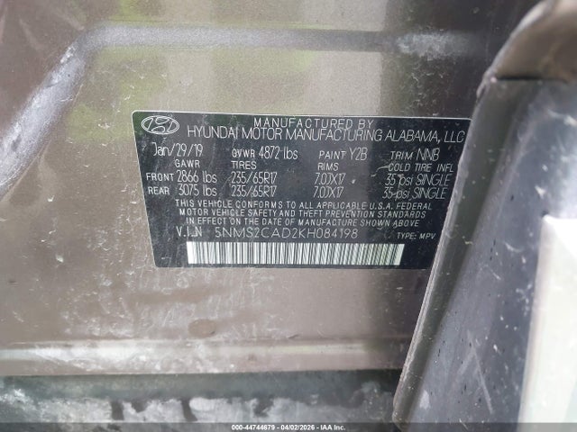 Aukcja sprzedaży 2019 Hyundai Santa Fe Se, vin: 5NMS2CAD2KH084198, numer aukcji: 44744679