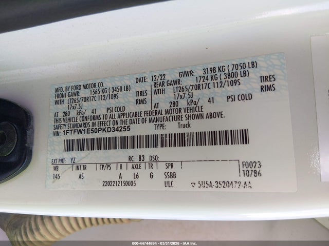 Aukcja sprzedaży 2023 Ford F-150 Xl, vin: 1FTFW1E50PKD34255, numer aukcji: 44744694