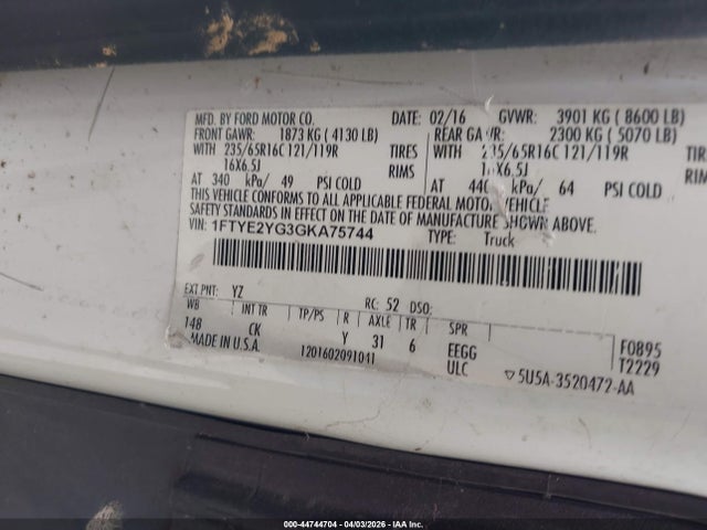 Aukcja sprzedaży 2016 Ford Transit-150, vin: 1FTYE2YG3GKA75744, numer aukcji: 44744704
