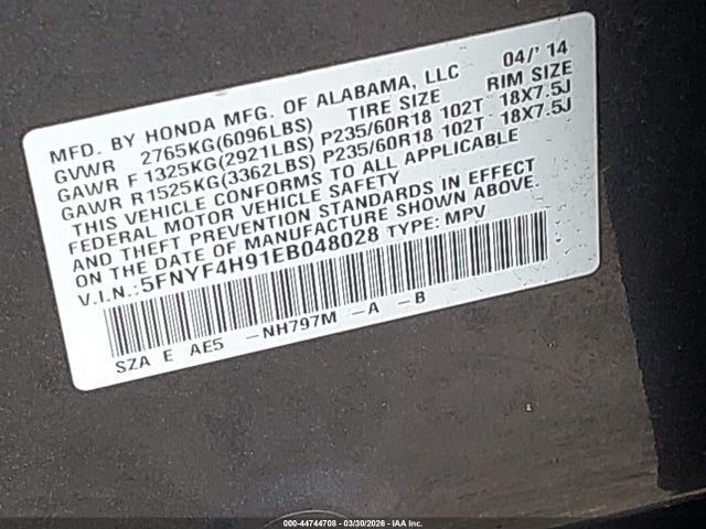 2014 HONDA PILOT 5FNYF4H91EB048028 Photo 8