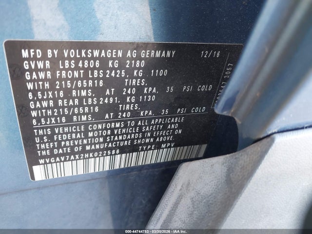 Продаж на аукціоні авто 2017 Volkswagen Tiguan 2.0t/2.0t S, vin: WVGAV7AX2HK022586, номер лоту: 44744753