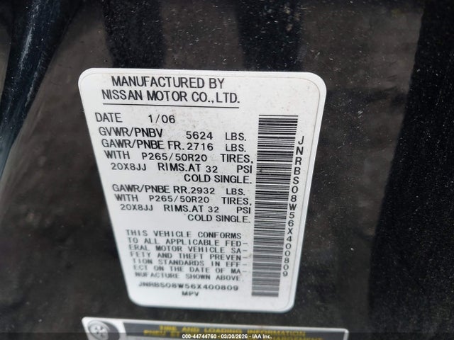 44744760 :رقم المزاد ، JNRBS08W56X400809 vin ، 2006 Infiniti Fx45 مزاد بيع