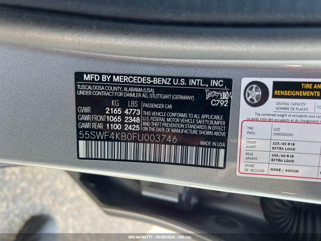 2015 Mercedes-benz C 300 4matic მანქანა იყიდება აუქციონზე, vin: 55SWF4KB0FU003746, აუქციონის ნომერი: 44744777