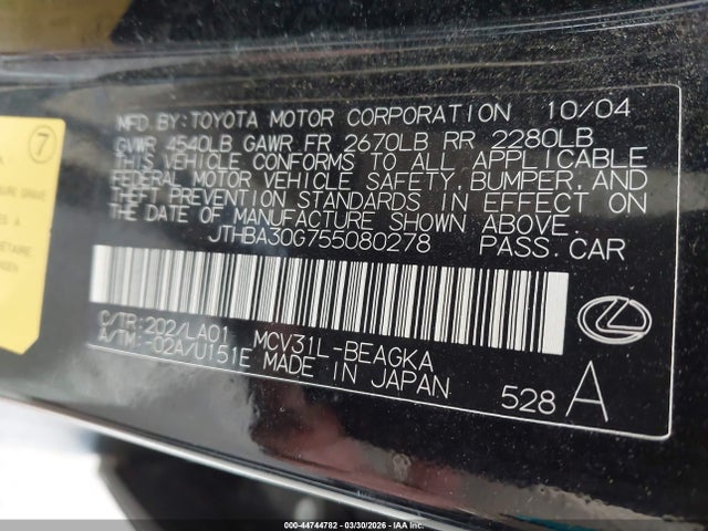 Aukcja sprzedaży 2005 Lexus Es 330, vin: JTHBA30G755080278, numer aukcji: 44744782