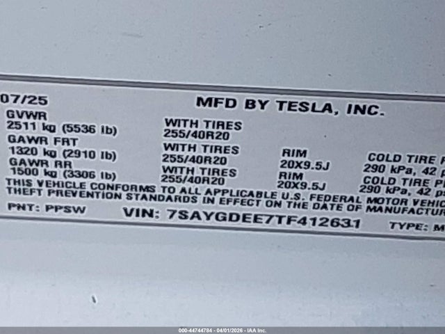 2026 Tesla Model Y All-wheel Drive/long Range Launch Series/premium All-wheel Drive მანქანა იყიდება აუქციონზე, vin: 7SAYGDEE7TF412631, აუქციონის ნომერი: 44744784