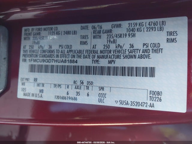 1FMCU9GD7HUA81884 Ford ESCAPE SE