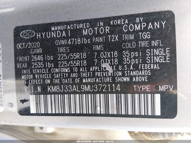 Продаж на аукціоні авто 2021 Hyundai Tucson Sel, vin: KM8J33AL9MU372114, номер лоту: 44744795