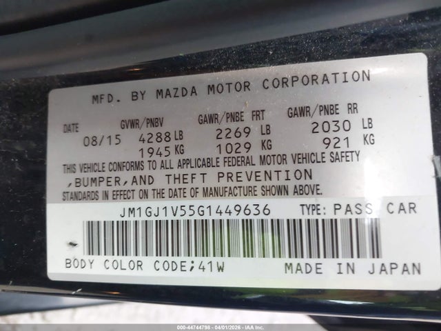 44744798 :رقم المزاد ، JM1GJ1V55G1449636 vin ، 2016 Mazda Mazda6 I Touring مزاد بيع