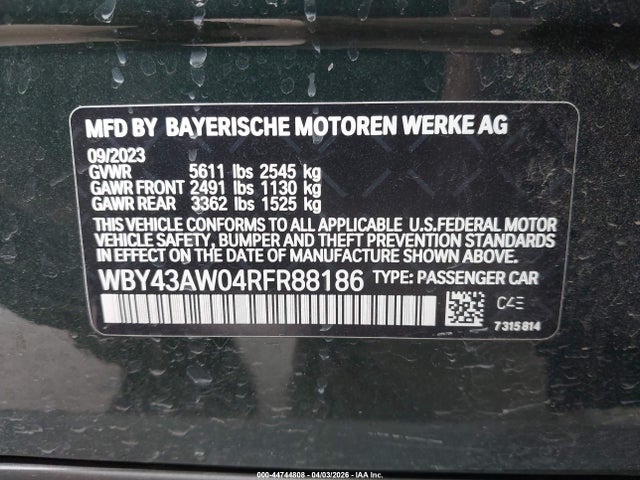 Aukcja sprzedaży 2024 Bmw I4 Gran Coupe Edrive35, vin: WBY43AW04RFR88186, numer aukcji: 44744808