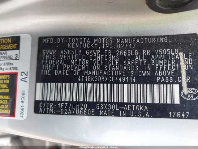 2012 TOYOTA AVALON 4T1BK3DBXCU449114 Photo 8