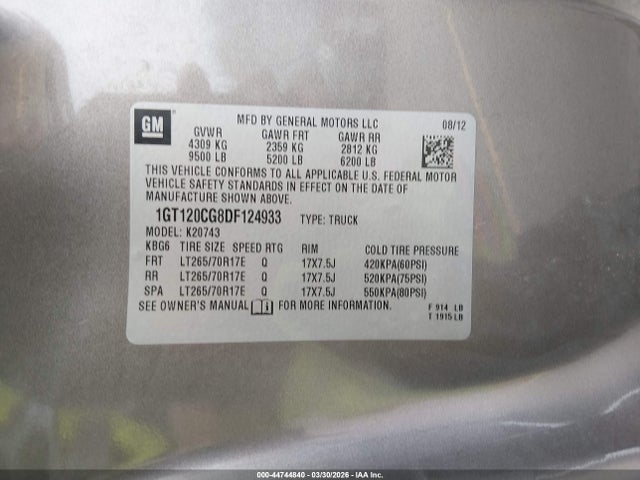 2013 Gmc Sierra 2500hd Sle მანქანა იყიდება აუქციონზე, vin: 1GT120CG8DF124933, აუქციონის ნომერი: 44744840