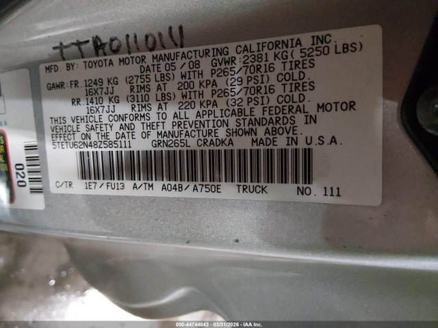 Aukcja sprzedaży 2008 Toyota Tacoma Prerunner V6, vin: 5TETU62N48Z585111, numer aukcji: 44744843