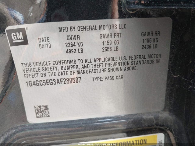 44744858 :رقم المزاد ، 1G4GC5EG3AF289507 vin ، 2010 Buick Lacrosse Cxl مزاد بيع