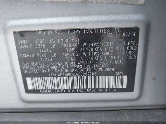 2014 Subaru Outback 2.5i Limited მანქანა იყიდება აუქციონზე, vin: 4S4BRBNC6E3282286, აუქციონის ნომერი: 44744865