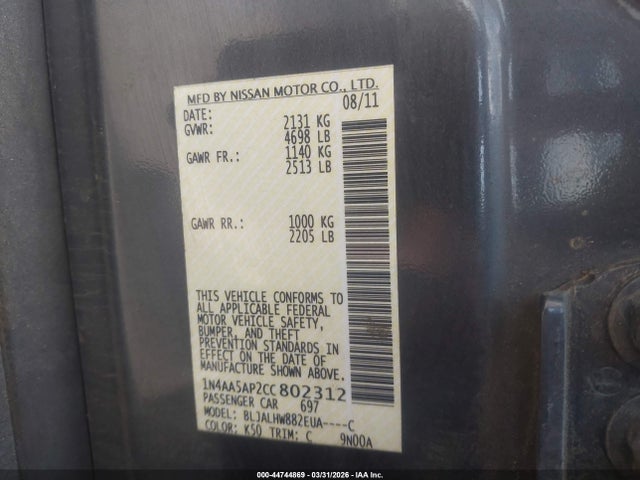 Aukcja sprzedaży 2012 Nissan Maxima 3.5 Sv, vin: 1N4AA5AP2CC802312, numer aukcji: 44744869