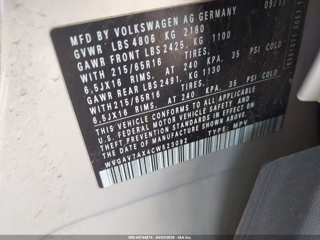 Продаж на аукціоні авто 2012 Volkswagen Tiguan S, vin: WVGAV7AX4CW523092, номер лоту: 44744874