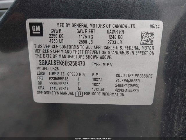 44744885 :رقم المزاد ، 2GKALSEK6E6358479 vin ، 2014 Gmc Terrain Slt-1 مزاد بيع