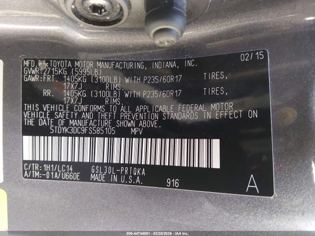 5TDYK3DC9FS585105 Toyota Sienna Xle 8 Passenger