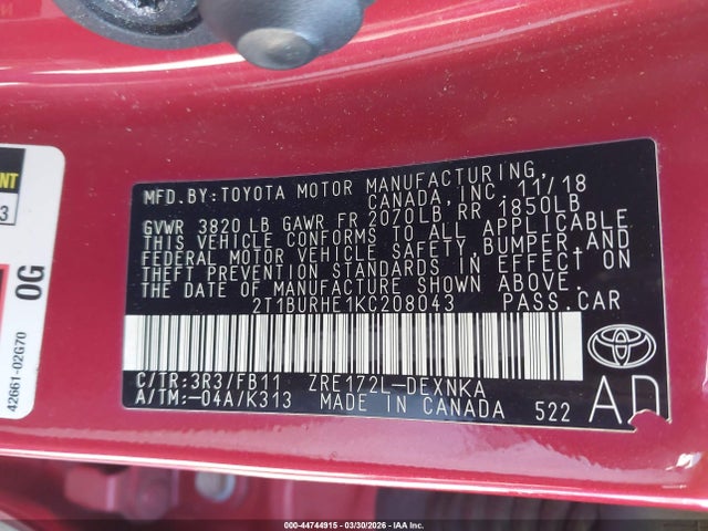 2019 TOYOTA COROLLA 2T1BURHE1KC208043 Photo 8