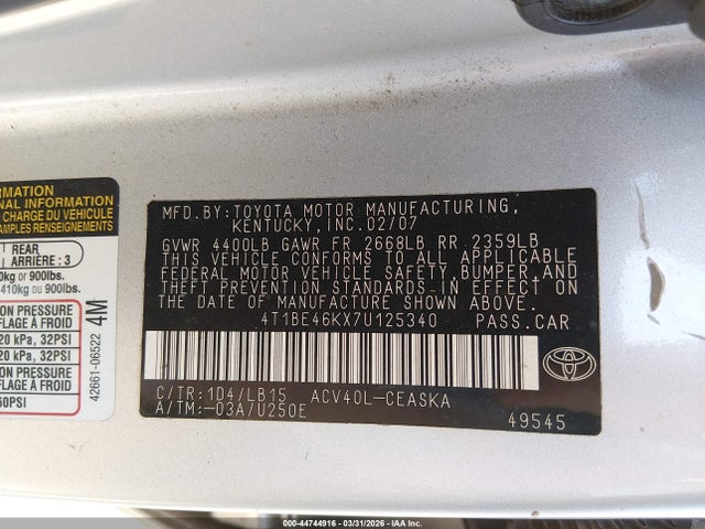 2007 Toyota Camry Se მანქანა იყიდება აუქციონზე, vin: 4T1BE46KX7U125340, აუქციონის ნომერი: 44744916