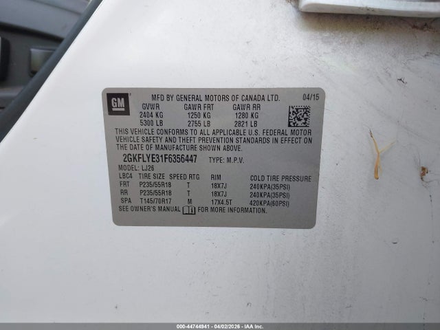 Aukcja sprzedaży 2015 Gmc Terrain Slt-2, vin: 2GKFLYE31F6356447, numer aukcji: 44744941