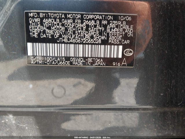 Aukcja sprzedaży 2007 Lexus Es 350, vin: JTHBJ46G672065028, numer aukcji: 44744942