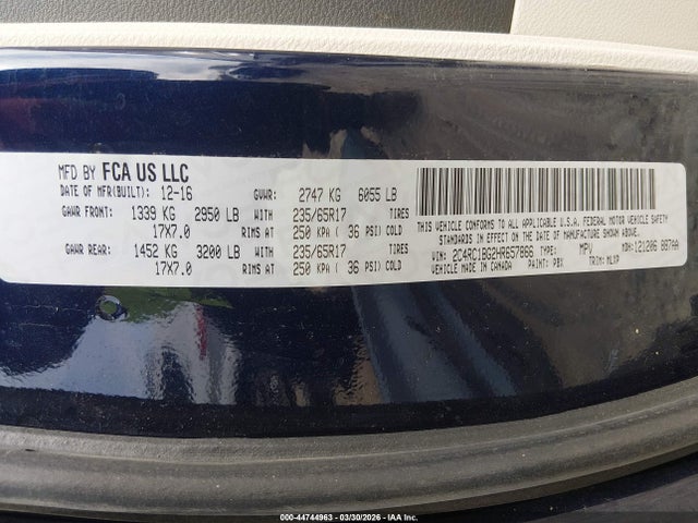 2017 Chrysler Pacifica Touring-l მანქანა იყიდება აუქციონზე, vin: 2C4RC1BG2HR657866, აუქციონის ნომერი: 44744963