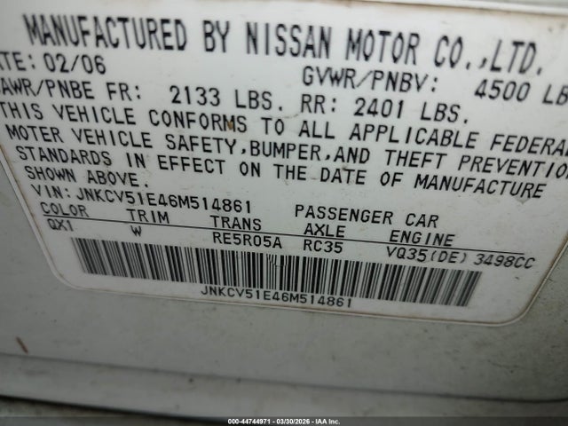 Aukcja sprzedaży 2006 Infiniti G35, vin: JNKCV51E46M514861, numer aukcji: 44744971