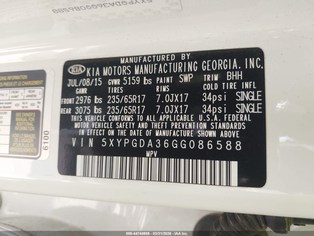 5XYPGDA36GG086588 KIA Sorento 2.4l Lx