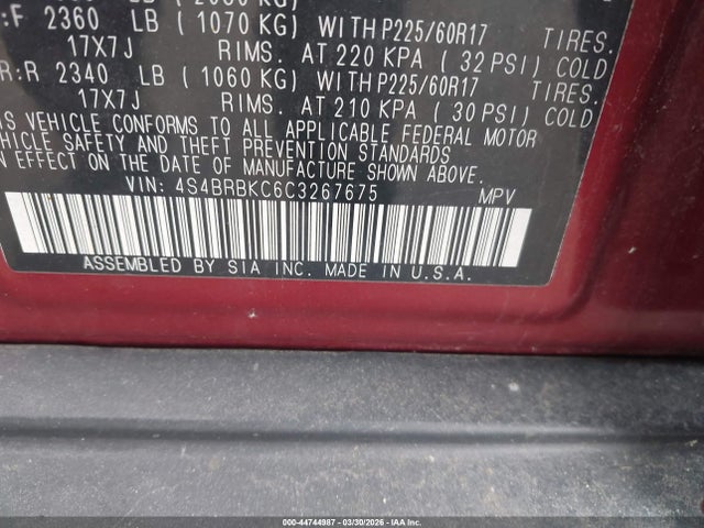 44744987 :رقم المزاد ، 4S4BRBKC6C3267675 vin ، 2012 Subaru Outback 2.5i Limited مزاد بيع