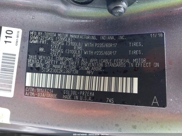 Продаж на аукціоні авто 2019 Toyota Sienna Le 8 Passenger, vin: 5TDKZ3DC2KS987138, номер лоту: 44745040