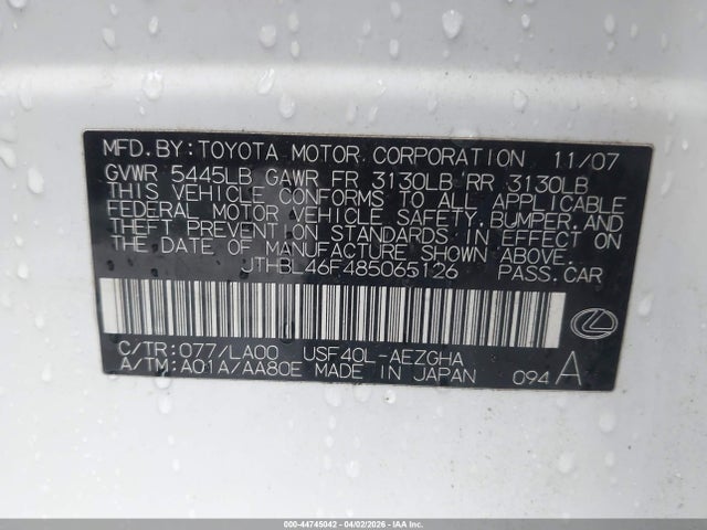 Aukcja sprzedaży 2008 Lexus Ls 460, vin: JTHBL46F485065126, numer aukcji: 44745042