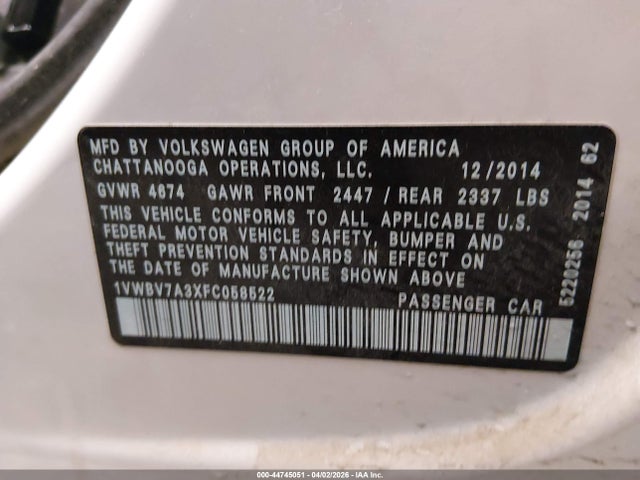 Продажа на аукционе авто 2015 Volkswagen Passat 2.0l Tdi Se, vin: 1VWBV7A3XFC058522, номер лота: 44745051