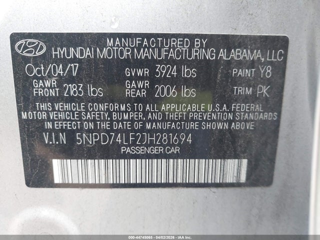 Продажа на аукционе авто 2018 Hyundai Elantra Se, vin: 5NPD74LF2JH281694, номер лота: 44745065