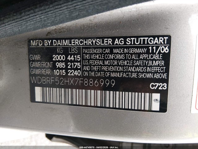 Aukcja sprzedaży 2007 Mercedes-benz C 230 Sport, vin: WDBRF52HX7F886999, numer aukcji: 44745070