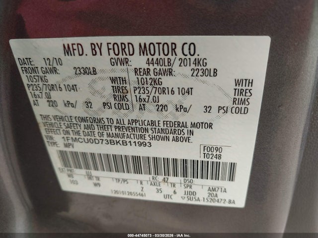 2011 Ford Escape Xlt მანქანა იყიდება აუქციონზე, vin: 1FMCU0D73BKB11993, აუქციონის ნომერი: 44745073
